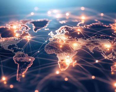 AI generated image of the globe with orange lines showing interconnection between different continents and regions