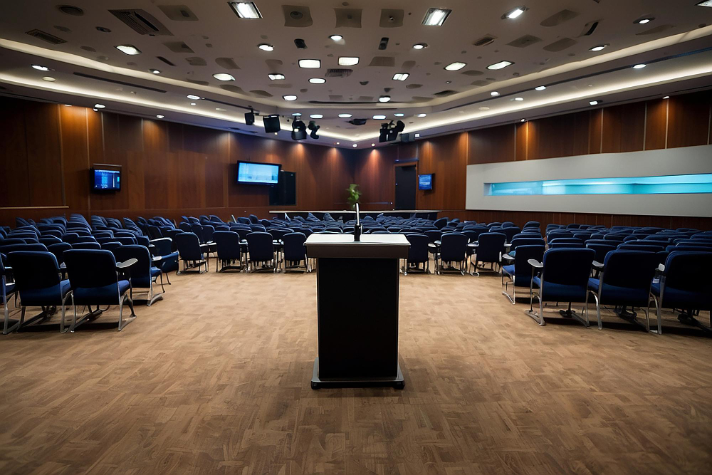 Empty conference hall with chairs, lectern, microphone and lights