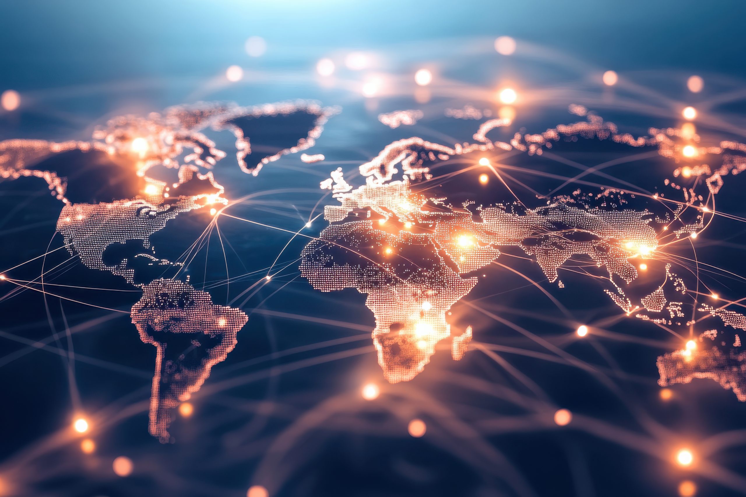 AI generated image of the globe with orange lines showing interconnection between different continents and regions