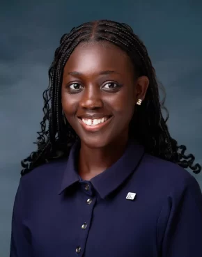 Smiling dar-skinned African woman in a blue blouse and long dark hair